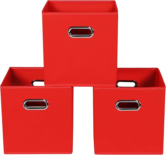 Fabric storage bins Cubes, Fabric Cube Organizer with Handle, Foldable Cube Bins for Cloth or Accessary Storage, 11x11x11, Set of 3, (Red) by Yunkeeper