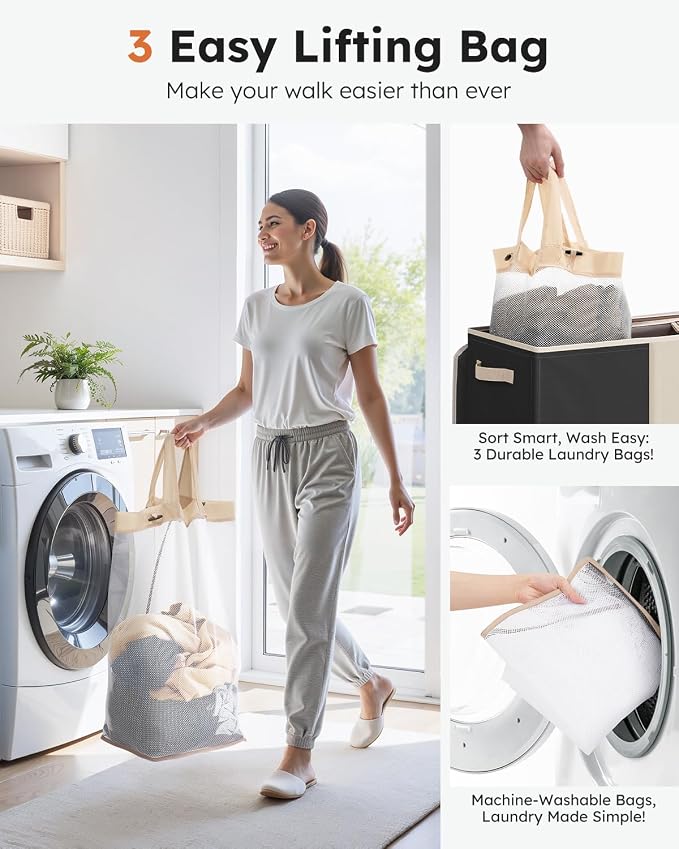 SOLEDI 180L 3-Section Laundry Hamper with Lid, Extra Large Dirty Clothes Basket with Sturdy Handles for Laundry Room & Bedroom - Durable Organizer for Sorting Laundry - Image 3