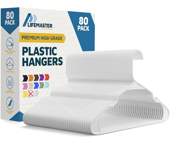 Lifemaster Plastic Clothes Hanger Set - 80 Pieces Versatile, Lightweight, Space-Saving, Non-Slip, Slim Designed, Dry and Wet Clothes Hanger Set - White by LIFEMASTER