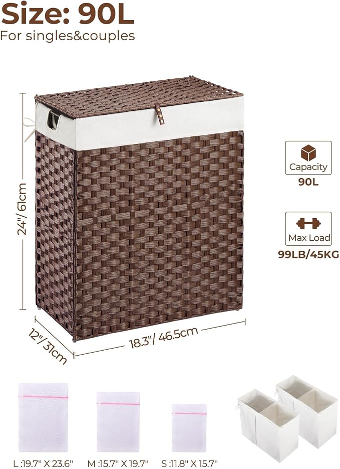 Greenstell Laundry Hamper with lid, No Install Needed, 90L Wicker Laundry Baskets Foldable 2 Removable Liner Bags, 2 Section Clothes Hamper Handwoven Rattan Laundry Basket with Handles, Brown - Image 6