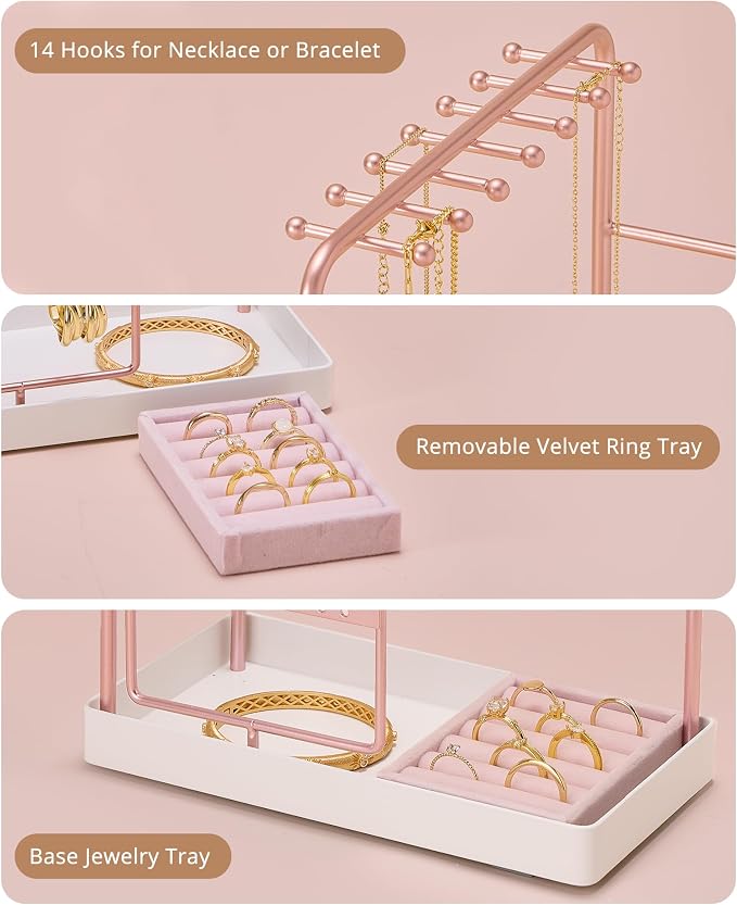 ProCase Jewelry Stand Holder Organizer, Jewelry Display Storage with Ring Tray, Rotating Earring Bracelet Necklace Holder, Valentine's Gifts Room Dorm Decor for Teen Girls -Rosegold (No-Assembly) - Image 6