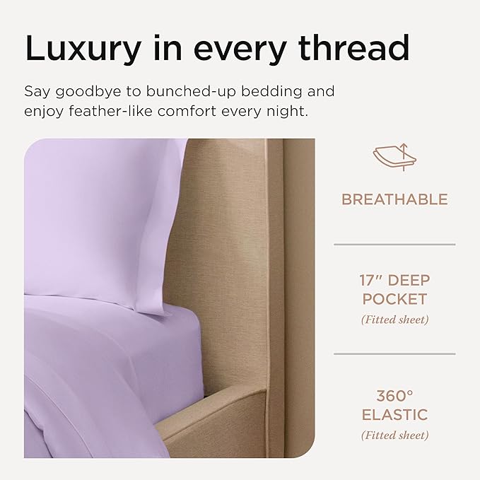 Threadmill Luxury Full Size Sheets for Full Size Mattress, 1000 Thread Count Supima Cotton Sheets for Full Mattress, 5-Star Hotel Quality 4 Piece Bed Sheets with Extra Deep Pocket, Lilac