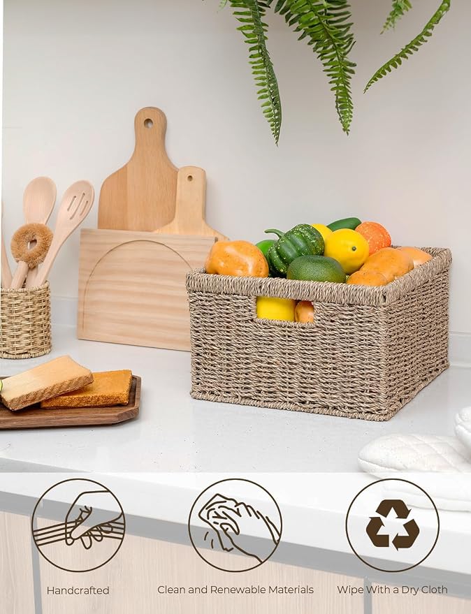 StorageWorks Wicker Storage Baskets, Handwoven Seagrass Basket for Organizing, Decorative Wicker Baskets with Built-in Handles, Set of 2 - Image 4