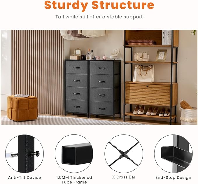 Sweetcrispy Dresser for Bedroom, Storage Drawers, Skinny Fabric Storage Tower with 4 Drawers, Tower Organizer Unit, Chest of Drawers with Wooden Top for Closet，Entryway