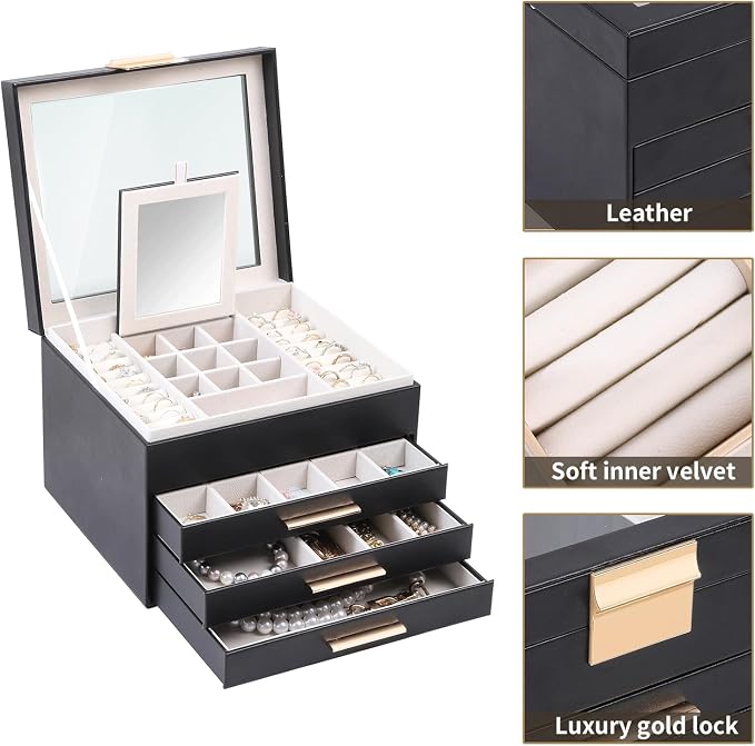 BOOVO Clear Lid Jewelry Box,4 Layers Jewelry Organizer Large Jewelry Storage Box with 3 Drawers,Jewelry Holder Organzier of Rings Earrings Necklace Bracelets for Women (Black, 4 Layer) - Image 2