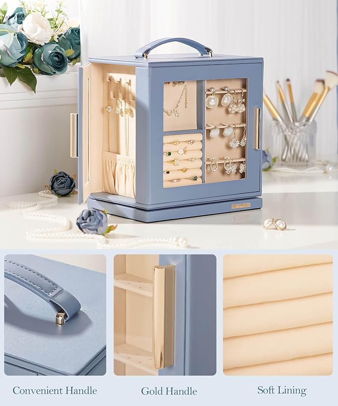 Homde Mothers Day Gifts Jewelry Box 360° Rotating, Necklace Earring Organizer with Transparent Window, Mirror, 7 Drawers, Large Ring Display Storage Case for Girls Women (Grey Blue) - Image 5