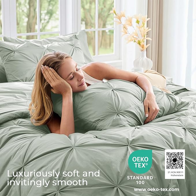 Sasttie Queen Comforter Set, 7-Piece Bed in a Bag, Pintuck Bedding Set for All Season, Includes Comforter, Flat Sheet, Fitted Sheet, Pillowcases and Pillowshams, Dusty Green