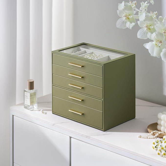 Jewelry Box Organizer Case for Women: 5-Layer Jewelry Storage Case with Glass Window, Olive Green Leather with Cream Velvet, Holder for Ring Necklace Bracelet Brooch Watch, Great Gift for Her - Image 6
