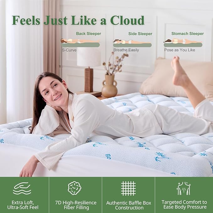 California King Mattress Topper, Viscose Derived from Bamboo Thick Pillow Top Mattress Pad with Deep Pocket, Naturally Cooling for Hot Sleepers, Soft for Back Pain Relief, Blue