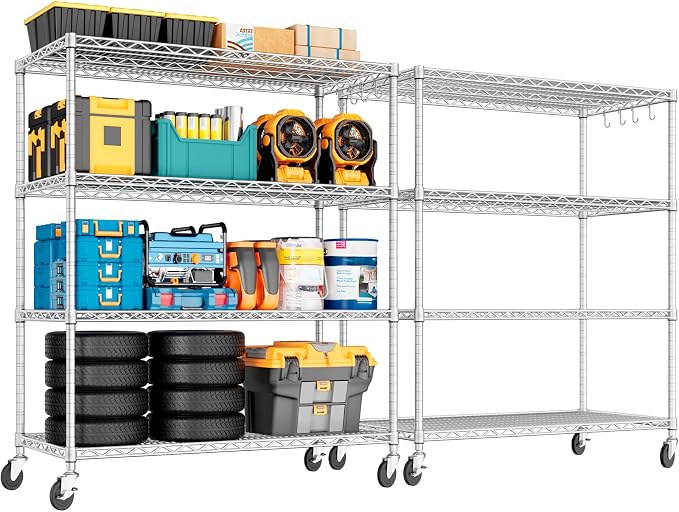 PrimeZone 4 Tier 55.5" Wx24 Dx76 H Wire Shelving with Wheels 2400lbs NSF Certified Storage Shelves Heavy Duty Metal Shelf Adjustable Rolling Rack Commercial Garage Restaurant Warehouse Chrome 2Pack by PrimeZone