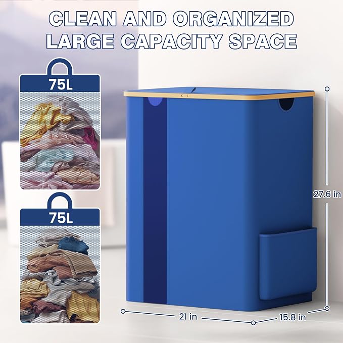 BlissTotes Laundry Basket with Lid, 150L Clothes Laundry Hamper with Handles and 2 Removable Laundry Bag, Breathable Design Hamper with Lid for Bedroom, Bathroom, Dorm, Laundry Room - Blue - Image 3