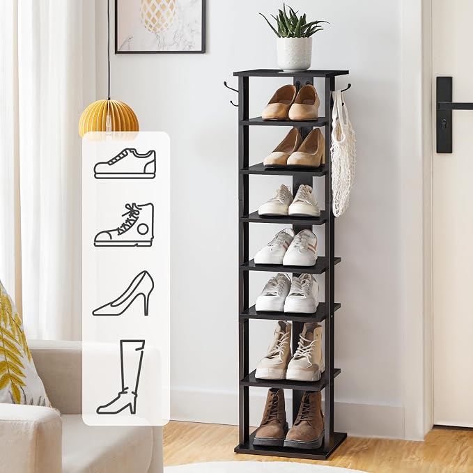 HOOBRO 8 Tiers Vertical Shoe Rack, Wooden Shoe Storage Organizer with Hooks, Narrow Shoe Tower for 8 Pairs, Space Saving, for Entryway, Living Room, Bedroom, Black BK07XJ01 - Image 2
