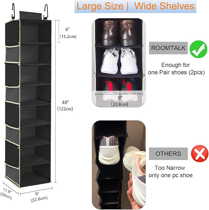 2 Pack Large-Sized Hanging Shoe Organizer 8-Shelf, Hanging Closet Organizer with 8 Side Pockets, Wider Hanging Shelves for Storage Shoes Clothes 9" W × 11.8" D× 48" H, Black. - Image 3