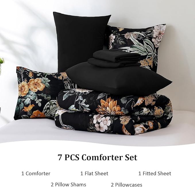 WONGS BEDDING Black Comforter Set Queen, 7 Pieces Bed in a Bag Botanical Floral Comforter Bedding Set, Soft Microfiber Comforter with Flat Sheet, Fitted Sheet, Pillow Shams, Pillowcases