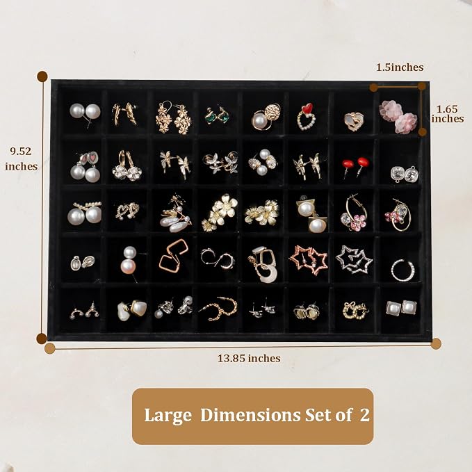 Large Velvet Jewelry Tray 2 Pack Stackable Jewelry Display Drawer Inserts Trays Organizer for Earring Bracelet Necklace Ring (Black, 40 Grids) - Image 4