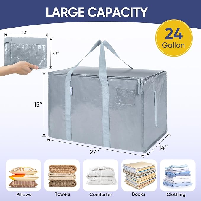 TICONN 6 Pack Extra Large Moving Bags Heavy Duty with Zippers & Carrying Handles, Durable Storage Bags Moving Boxes for Closet Organizers and Storage (6 Pack, Light Grey) - Image 5