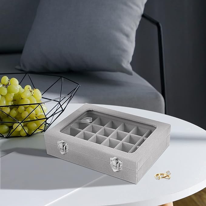 Jewelry Box 24 Grid Velvet Jewelry Tray for Drawers Glass Clear Lid Showcase Display Storage Ring Trays Holder Earrings Organizer Case(Grey) - Image 2