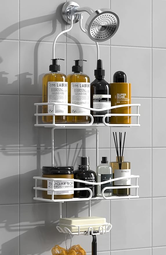 DAOYA Over Head Shower Caddy - Bathroom Shower Organizer with Soap Holder & 6 Hooks for Towels, White, 76L Capacity, Hanging Mount, Rust Resistant by DAOYA