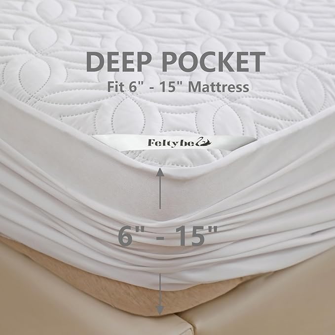 FELTYBED Queen Size 60"x80" Waterproof Mattress Protector, Soft Bed Mattress Cover Queen, Breathable Mattress Pad Cover with Deep Pocket 6"- 15", Noiseless Washable White