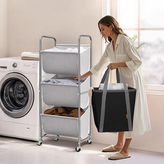 STORAGE MANIAC 120 Liters Vertical Rolling Laundry Hamper, 3 Section Laundry Sorter with Wheels and 2 Breaks, 3-tier Laundry Baskets for Small Space, Dorm, Laundry Room, Closet, Bathroom, Gray 3-tier - Image 2