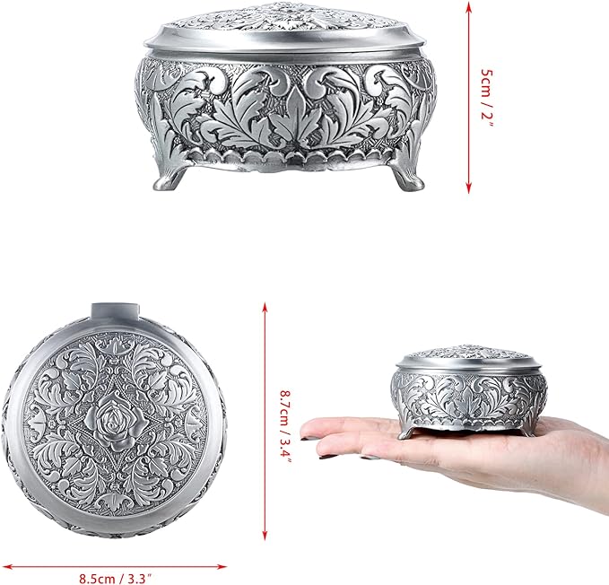 Hipiwe Metal Jewelry Box Vintage Ring Holder Trinket Organizer Small Round Earring Necklace Storage Box Jewelry Display Box Keepsake Box Decorative Jewelry Box Gift for Women - Image 7