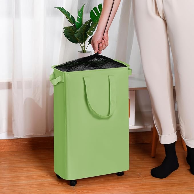 efluky Slim Laundry Hamper with Wheels, Rolling Laundry Basket for Clothes, Small Laundry Basket for Bedroom, Dorm and Laundry Room, 60L (12.7 Gallons) Green - Image 5