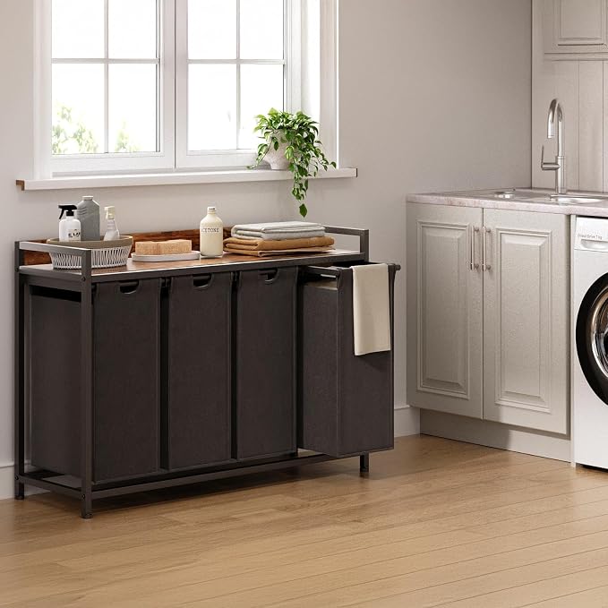 Herture Laundry Hamper with Shelf, Laundry Basket 4 Section, Laundry Sorter with Pull-Out Removable Large Bags and Movable Wheels, Metal Frame, 4 x 15.87 Gallons (60L), Rustic Brown + Black PF07XLY - Image 2