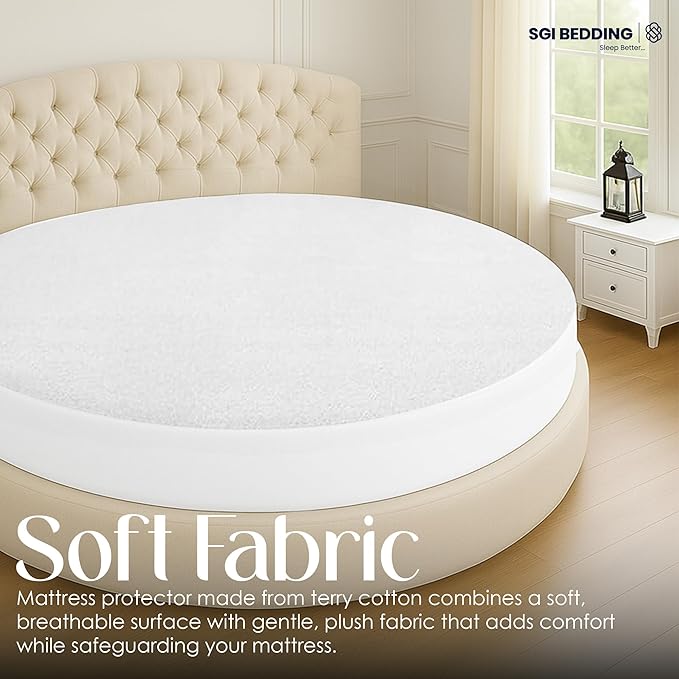 SGI Bedding Waterproof Round Mattress Protector 84" Diameter– 15" Deep Pocket Fitted Style Terry Cotton Mattress Pad Cover, Soft, Breathable & Noiseless, Spills & Stains Bed Protection – White