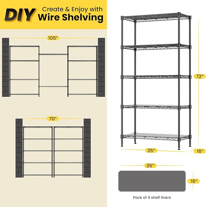 72" H Storage Shelves 5 Tier Wire Shelving with Shelf Liners, Adjustable Metal Garage Shelving, 1325LBS Heavy Duty Commercial Storage Rack for Pantry Kitchen, 35" W x 16" D x 72" H, Black - Image 3