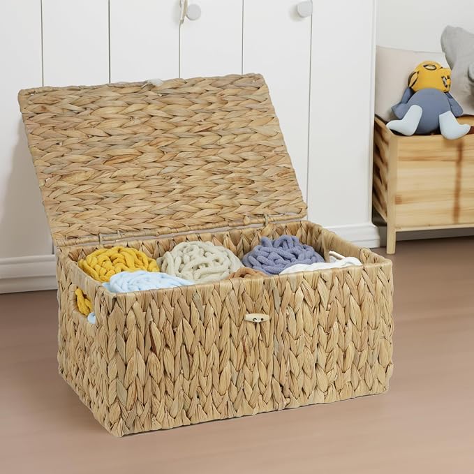 ORDELITE Large Wicker Basket with Lid, Rectangular Water Hyacinth Storage Baskets for Organizing, Woven Basket for Storage, Decorative Boxes Bins with Lids Home Organizer Decor - Image 4