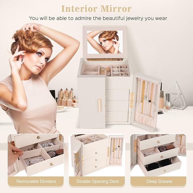 Dajasan Large Jewelry Box Organizer, Jewelry Storage Organizer with 3 Drawers, Huge Jewelry Box with Mirror for Women Girls, Double Door, Textured PU Leather, Gift Idea, Stylish (Beige + Gold) - Image 5
