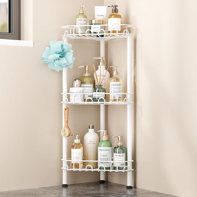 SWTYMIKI Standing Shower Caddy Corner - 3‑Tier Stainless Steel Shower Organizer Shelf with 12 Hooks and Adhesive Pads, Rustproof Corner Shelves Stand Rack for Bathroom Shower Room, white by SwtyMiki-TidyHomeSweetLife