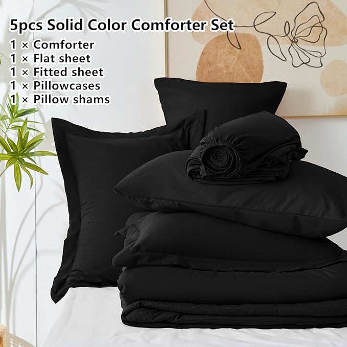 CozyLux Twin XL Comforter Set Black, 5 Pieces Bed in a Bag Twin Extra Long Comforter Set with Sheets for College Dorm, Luxury Bedding Sets with Down Alternative Comforter, Sheets, Pillowcase & Sham