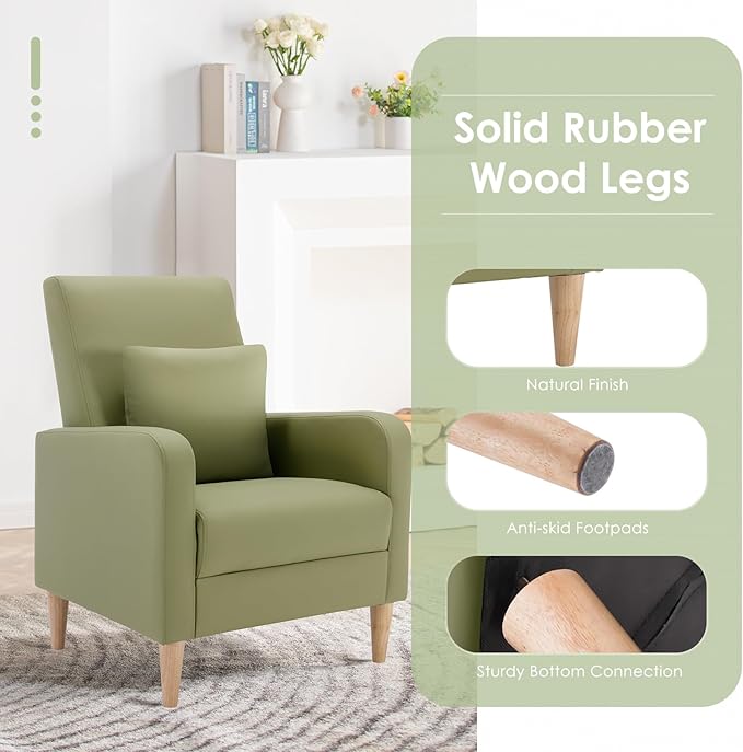 COLAMY Accent Living Room Chairs Set of 2, Upholstered Faux Leather Arm Chair Reading Side Chair with Back Pillow and Wood Legs, L-Green