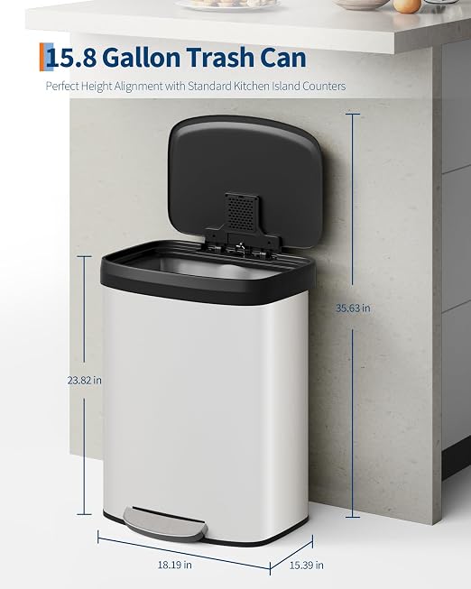 Garvee 16 gal / 60 L Metal Trash Can with Lid, Large Garbage Can for Kitchen, Rustproof Step-on Kitchen Metal Trash Bin with Liner Rim, Rear Handle, Soft Close Plastic Lid, White - Image 6