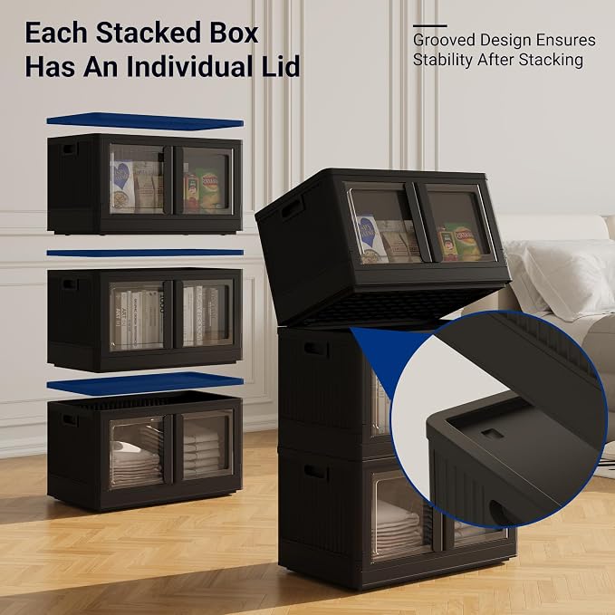 FLEXIMOUNTS 304 QT Stackable Storage Bins With Lids, Collapsible Plastic Storage Bins, Closet Organizers and Storage Containers with Doors and Built-in Wheels For Home, 4 Pack Cubes, Black - Image 4
