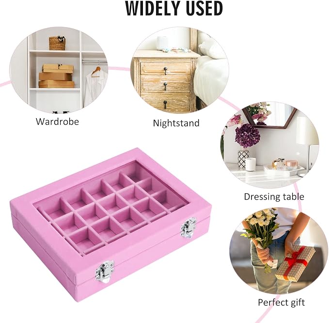 Vicoter Velvet Jewelry Box 24 Grid Jewelry Ring Display Organiser Box Tray Holder Earrings Storage Case for Girls Wife Mom Women (Pink) - Image 6
