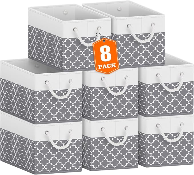 Fab totes Storage Bins [8-Pack], Foldable Storage Baskets for Organizing Toys, Books, Shelves, Closet, Large Storage Box with Rope Handles, Sturdy Organizer Bins,Clover Grey by Fabtotes