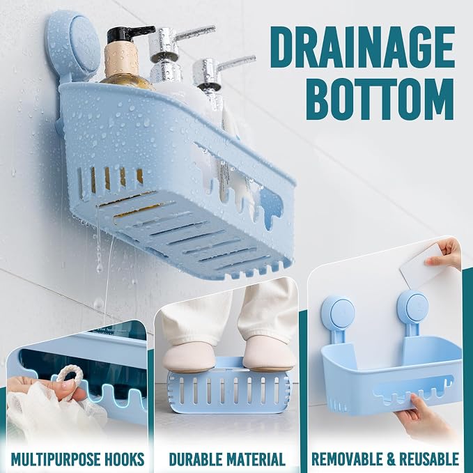 TAILI Shower Caddy Suction Cup, Heavy Duty Bathroom Organizer, Removable Shelves for Inside Shower, Shampoo, Waterproof Suction Plastic Storage for Bathroom Accessories Holder, Blue - Image 3