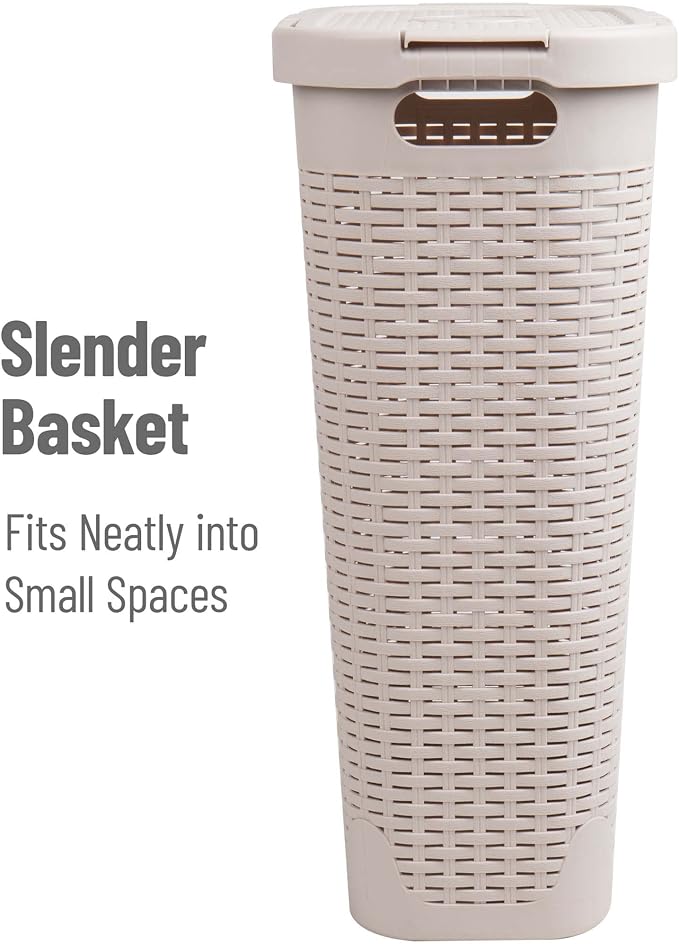 Mind Reader Slim Laundry Hamper with Lid, 40L Clothes Basket, Narrow Tapered Design with Ventilated Cutout Pattern, Plastic, Set of 2, Ivory - Image 6