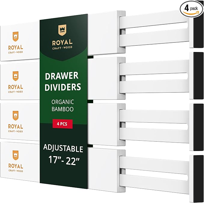 Bamboo Drawer Dividers Organizers, Adjustable Drawer Separator Splitters, 17–22 Inches Expandable Drawer Divider Organizer for Large Utensils, Kitchen, Bedroom, Dresser & Office Drawers 4-Pack, White by RoyalCraftWood