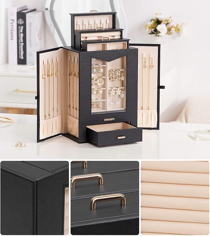 Homde Jewelry Organizer with Transparent Window Necklace Hooks Gift for Women Jewelry Box Display Case for Necklaces Rings Earrings Bracelets and Other Jewelry Accessories (Black + Gold) - Image 7