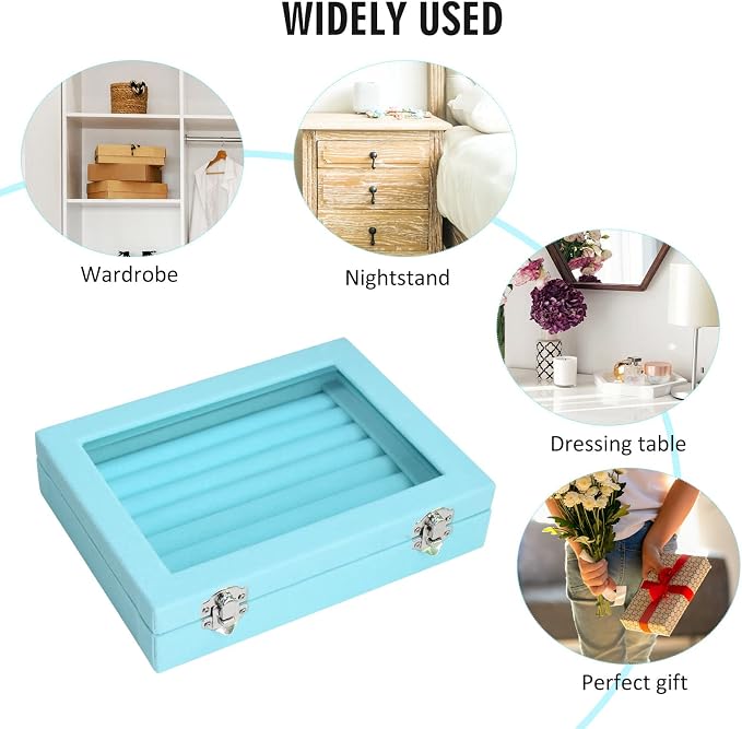 Vicoter Rings Organizer Tray 7 Slots Velvet Jewelry Earring Storage Box with Transparent lid Jewelry Display Case for Girls Wife Mom Women (Light Blue) - Image 6