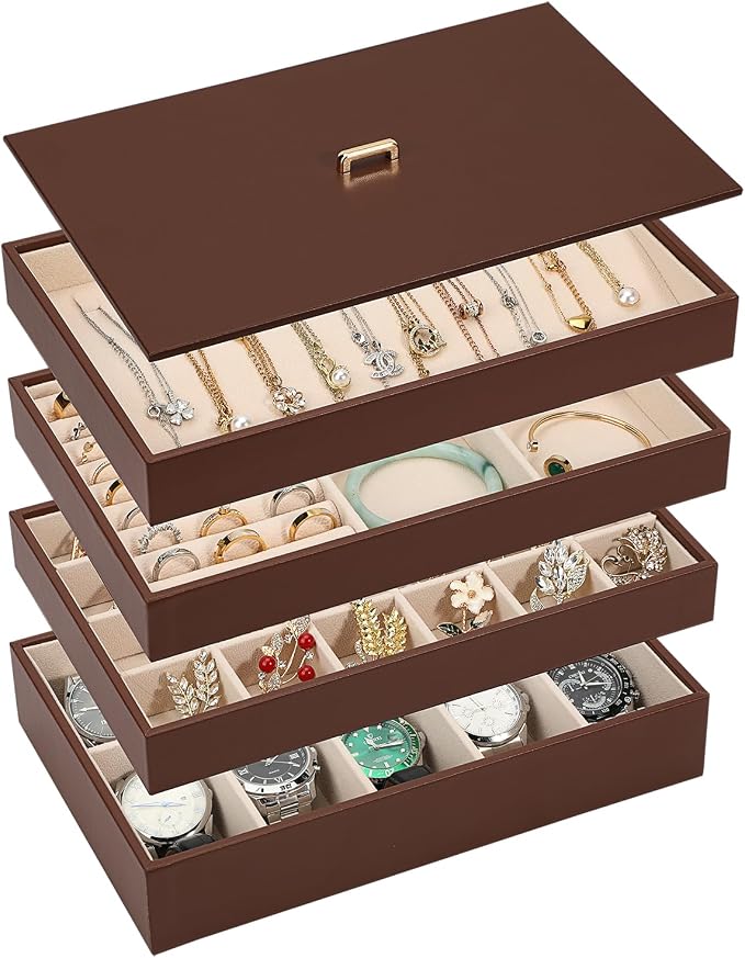 Voova Stackable Jewelry Organizer Tray with Lid, PU Leather Jewelry Storage Holder for Drawer Inserts, Jewellery Display Box Case for Earring Necklace Ring Watch Bracelet (Set of 4, Caramel Brown) by Voova
