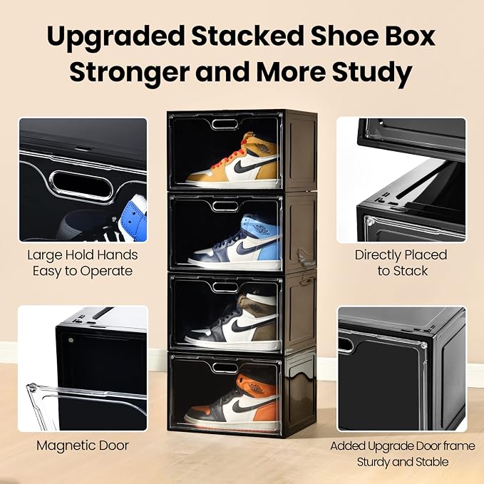 Amllas 8 Pack Shoe Boxes Black Plastic Stackable, Large Shoe Storage Organizer,Drop Side Front Shoe Containers for Entryway,Sneaker Storage Fit up to US Size 13 for Men/Women(13’’x 10.6”x 8.3”) - Image 3
