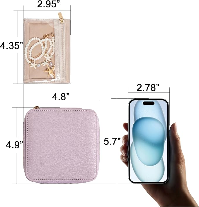 Frebeauty Small Travel Jewelry Box,Travel Jewelry Case with 6 Pouch Bags,Portable Travel Jewelry Organizer,Mini Jewelry Storage,3.35 x 4.9 x 4.8 Inches,Gift Idea for Women Girls (Purple) - Image 4