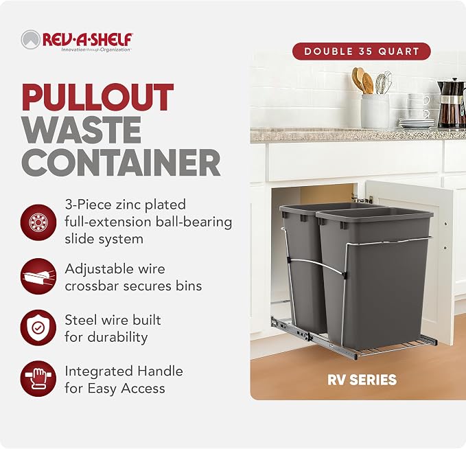 Rev-A-Shelf RV-18KD-13C-S Double Pullout Trash Can for Kitchen Cabinets 35 Quart Garbage Recycling Bin on Full Extension Slides, Gray - Image 2