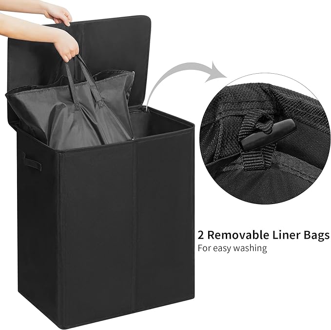 WOWLIVE 154L Double Laundry Hamper with Lid and Removable Laundry Bags, Large Dirty Clothes Hamper 2 section Collapsible Laundry Basket Dorm Room Storage for Bedroom, Bathroom, College, Black - Image 4