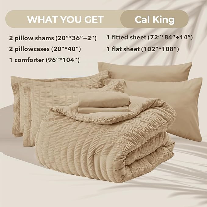 HYMOKEGE Khaki California King Comforter Set Seersucker 7 Pieces, All Season Luxury Bed in a Bag for Bedroom, Bedding Set with Comforter, Sheets, Pillowcases & Shams