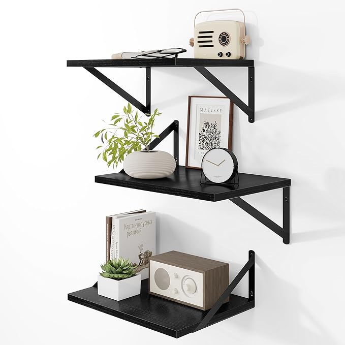 Heimlove Deep Floating Shelves for Wall, 12 Inch Deep Floating Shelves Set of 3, 16W x 12D Wood Wall Shelves, Wide Wood Shelves with Metal Bracket for Living Room, Kitchen, Office, Bedroom - Black by Heimlove